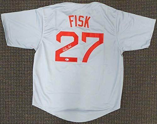 Boston Red Sox Carlton Fisk İmzalı Çerçeveli Gri Forma Beckett BAS Stok 177846