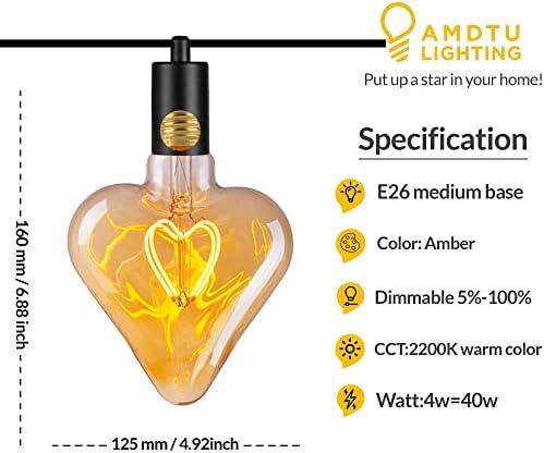 Dekoratif Edison ampul, LED yıldız kalp ışıkları Amber renk,4 w=40 w, 2200 k sıcak beyaz, dim Vintage ışıkları yatak odası için,