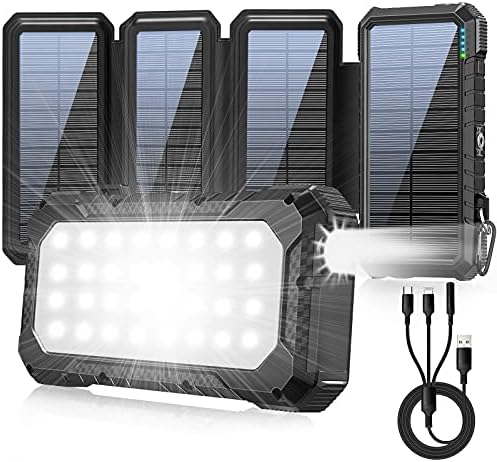 Solar Charger 26800 mAh, 4 Güneş Panelleri ile Taşınabilir Güç Bankası, 18 W Hızlı Şarj Harici Pil Paketi 32 LED Kamp ışık ile