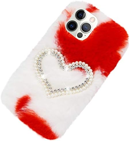 Herzzer Chic Kış Sıcak Peluş Kürklü Kapak için LG K92 5G,sevimli Renk Blok Kabarık Tüylü Elmas İnci Aşk Kalp Yumuşak Silikon
