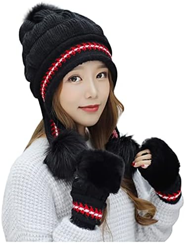 Kadın Peluş Örme Şapka Eldiven 2 Parça Kış Sıcak Yün Şapka Kalın Top Kulak koruma Kapağı ile Faux Kürk Pom
