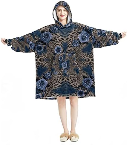 Leopar Desen Giyilebilir Battaniye Hoodie Kadınlar, Çocuklar ve Erkekler için Standart Sıcak ve Rahat Battaniye Hoodie Sweatshirt