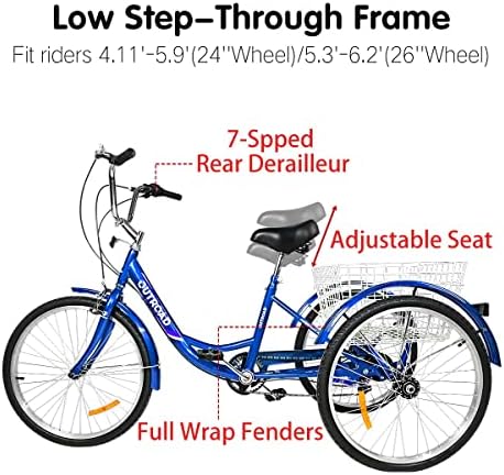 Outroad Yetişkin Üç Tekerlekli Bisiklet, 24/26 inç 7 Hız Cruiser Trike, Yaşlılar için Büyük Sepetli 3 Tekerlekli Bisiklet, Kadınlar,