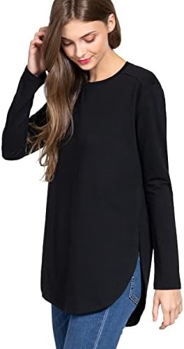 Kadın Uzun Kollu Yan Bölünmüş Fransız Terry Gevşek Essentials Rahat Kazak Ekip Boyun Tunik Üst Gömlek