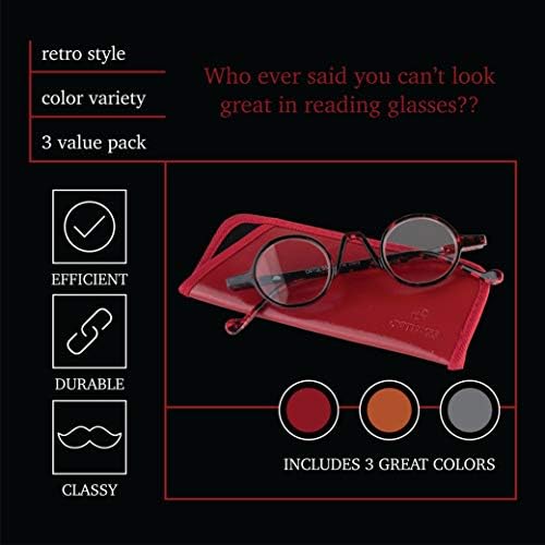 Kadınlar ve Erkekler için Okuma Gözlükleri (3'lü Paket) Retro Yuvarlak Çerçeve Moda Okuyucuları