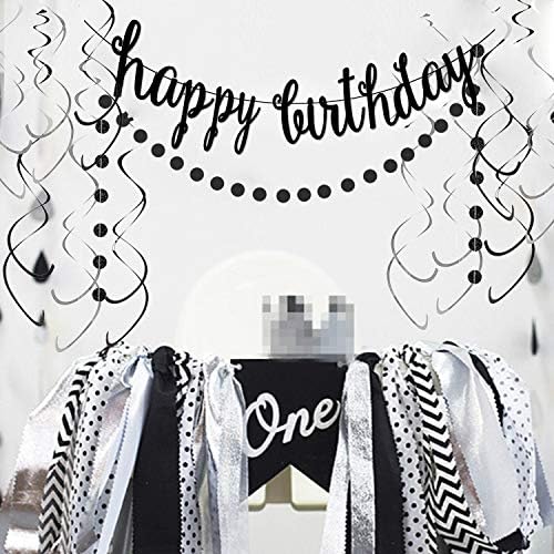 Siyah Mutlu Doğum Günü Banner Dekorasyon Kiti, Siyah Glittery Doğum Günü Banner Daire Noktalar Çelenk ile Siyah Gümüş Asılı Swirls