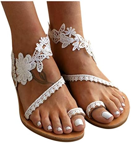Baralonly Yaz Sandalet Kadınlar ıçin Çiçek Dantel Düz Sandalet Taklidi Burnu açık Rahat plaj ayakkabısı Rahat Kristal Roma Ayakkabı