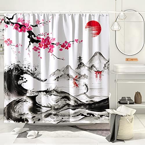 DESİHOM Asya Duş Perdesi Japon Mürekkep Boyama Sanat Duş Perdesi Serin Çin Duş Perdesi Polyester 72x72 İnç