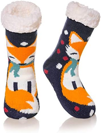Çocuk Erkek Kız Terlik Çorap Sevimli Karikatür Yumuşak Sıcak Kalın Kış Polar Astarlı Kaymaz Çocuk Tulumları Termal Ev Çorap (Tilki,