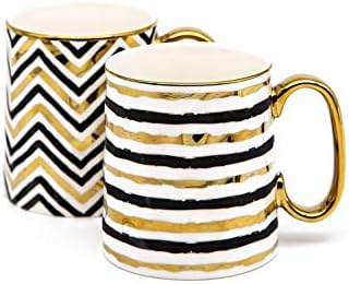 Seramik Kupalar, Kook tarafından, Kahve Kupa Seti, Geometrik Tasarım, İnce Porselen, 14.8 oz, Siyah ve Altın, 2 Set (Kavisli)