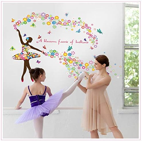 Çiçekler ve Kelebek Duvar Sticker Arasında Dans Eden Kız Renkli Dans Eden Kız Duvar Çıkartması, Kabuğu ve Çubuğu Çıkarılabilir