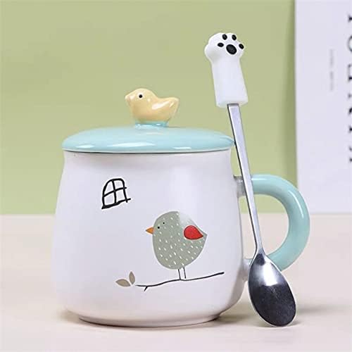 DODOUNA Seramik Karikatür Sevimli El Boyalı Kuş Kahve kapaklı kupa Ve Kaşık Seti Yaratıcı Ofis Çay Fincanı Kahvaltı Yulaf Ezmesi