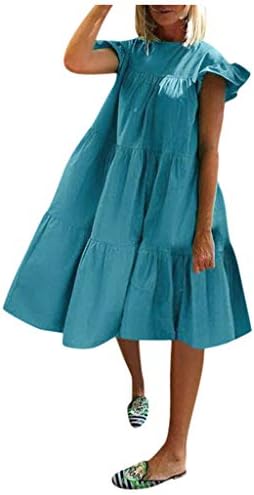 F_Gotal Bayan Elbiseler Yaz Sevimli Shift Elbise Tamamen Astarlı Çan Kollu Fırfır Hem O Boyun Gevşek Salıncak Tunik Mini Elbise