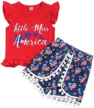 4th Temmuz Yürüyor Çocuk Bebek Kız Yaz Kıyafetler Amerikan Bayrağı Kolsuz Püskül Yelek Üst+Şort Pantolon Giyim Seti 18 M-5 T
