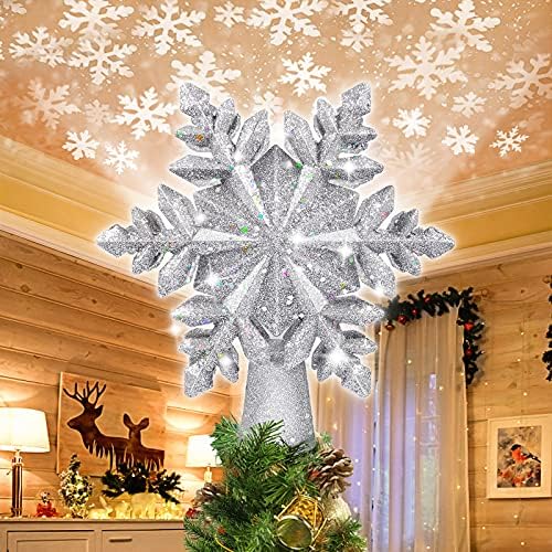 Noel Ağacı Topper, kar Tanesi Noel ağacı Topper ile Işıklı Kar Tanesi LED Dönen Projektör, 3D Glitter Işıklı Şerit Kar Ağacı
