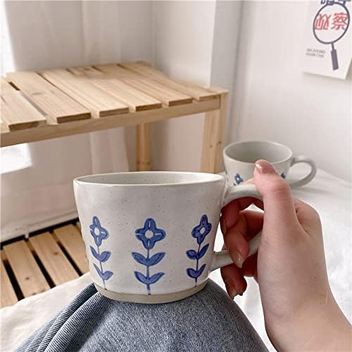 Sevimli Kahve Kupa Kaşık ile 2 Set, el Yapımı Seramik Çiçek Süt Çay Bardak Kolu ile Kawaii Kaba Çanak Çömlek Yenilik Kupalar