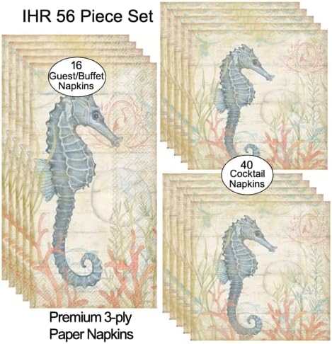 IHR / 56 Parça Premium Kalite 3 katlı Peçete Seti / ” Seahorse Coral Koordineli Eğlence Seti / 1 Paket 16 Misafir / Büfe Peçetesi