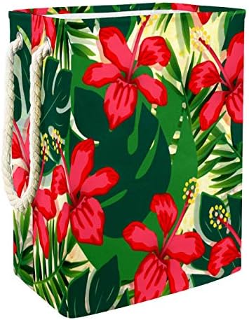 MAPOLO Çamaşır Sepeti Çin Gül Çiçek Kırmızı Tropikal Yapraklar Kolları ile Katlanabilir Keten Çamaşır Depolama Sepeti Ayrılabilir