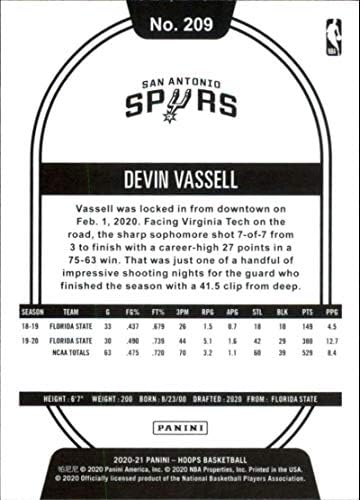 2020-21 NBA çemberler 209 Devin Vassell RC çaylak San Antonio Spurs Resmi Panini basketbol ticaret kartı (Stok fotoğraf, NM-MT