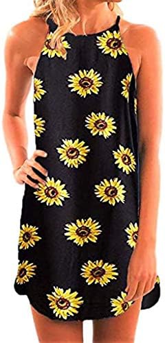 HİRİRİ kadın Halter Boyun Çiçek Baskı Gevşek Rahat Kolsuz kısa Elbise Mini Yaz Beachwear Sundress