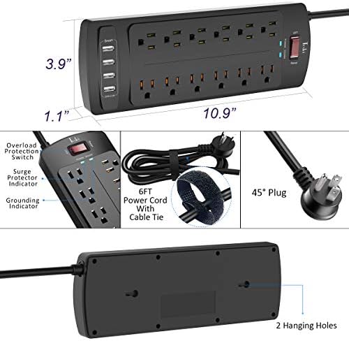 Güç Şeridi, Tcsteı Dalgalanma Koruyucusu ile 12 Çıkışları ve 4 USB Bağlantı Noktaları, 6 Ayaklar Uzatma Kablosu (1875 W/15A)