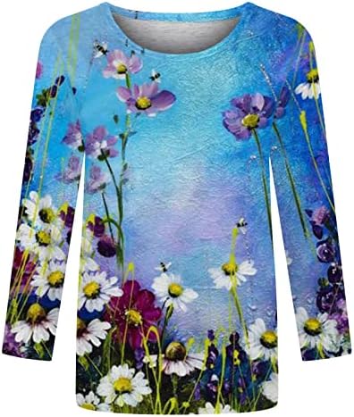 Grafik Tees Kadınlar için 3/4 Kollu Crewneck Tops Moda Çiçek Desen Tişörtleri Casual Kazak Tops