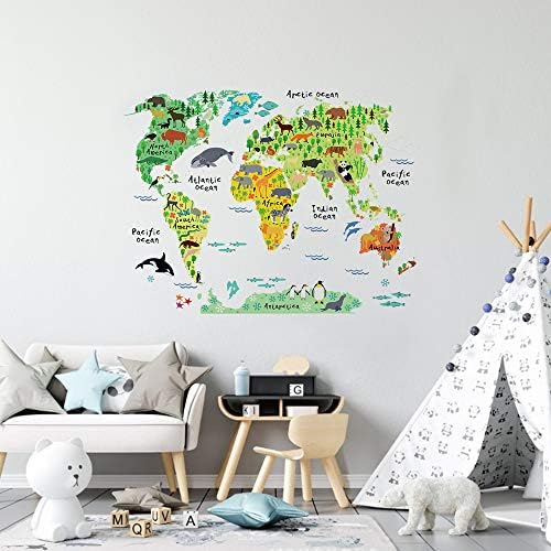 2-Pack Hayvan Dünya Haritası duvar çıkartmaları Çocuk Odası için, Önceden Kesilmiş Çıkarılabilir Duvar Çıkartması Peel ve Sopa