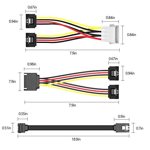 4 ADET Meslek SATA Güç Splitter Kablo, 4Pin 2x15 Pin SATA Güç Kablosu ve SATA Kablosu III 6 Gbps 90 Derece Sağ Açı Kilitleme