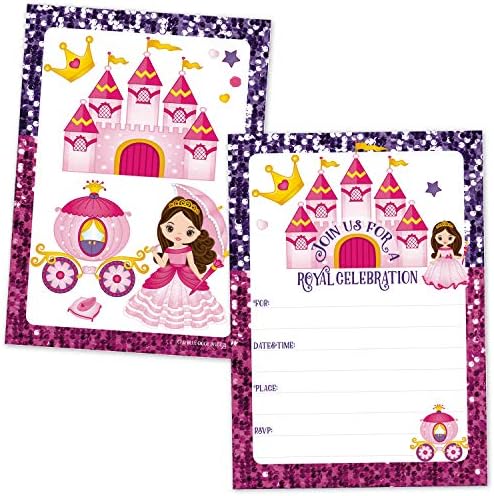 Küçük Kızlar Prenses Partisi Doğum Günü Davetiyeleri (Zarflarla 20 Sayım) - Çocuklar için Güzel Pembe Mor Pullu Tasarım Davetiyeleri-Prenses