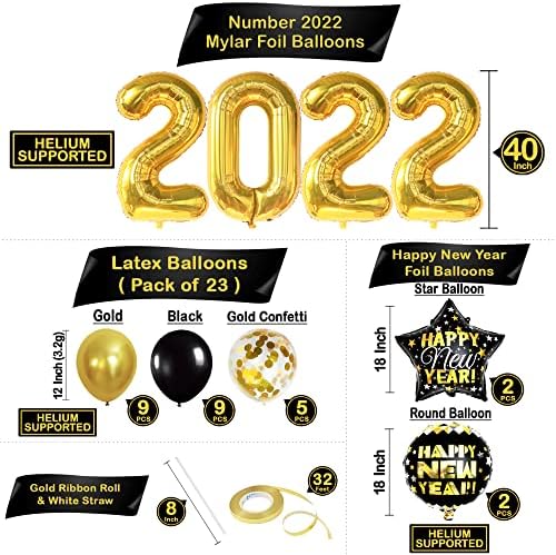 Büyük Yeni Yılınız Kutlu Olsun Süslemeleri 2022-51 Adet / Yeni Yılınız Kutlu Olsun Afiş, Altın 2022 Balonlar / Altın Saçak Yeni