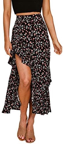 BTFBM Kadınlar Boho Çiçek Baskı Uzun Etek Elbise Chic Yüksek Düşük Yan Bölünmüş Fırfır Hem Elastik Bel Salıncak Maxi Elbiseler