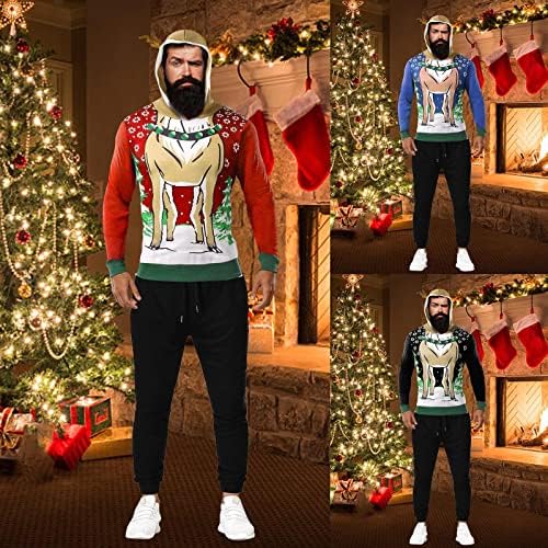Komik Noel Hoodie Set Erkek Kadın 3D Geyik Baskı Desenler Kazak ve Pantolon Çiftler Noel Partisi Serin Parça Giysi Set