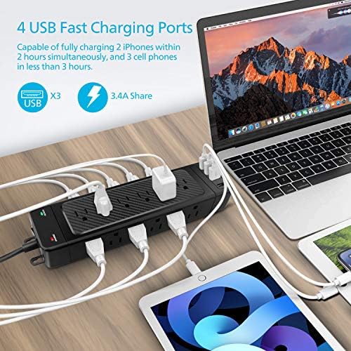 USB 10 ft'li Güç Şeridi, USB Bağlantı Noktalı 18 Çıkışlı Aşırı Gerilim Koruyucu Güç Şeridi Düz Fişli Duvara Monte Edilebilir,