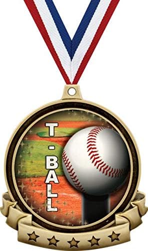 Çocuk Beyzbol Madalyaları-2.5 Altın T Top Madalyası Ödülü, Kırmızı Beyaz ve Mavi Boyun Şeridi, Büyük Tball Ödülleri Prime'ı İçerir
