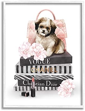 Stupell Industries Moda Kitaplarında Kabarık Köpek Yavrusu Pembe Çiçekler, Ziwei Li tarafından Tasarlanan Beyaz Çerçeveli Duvar