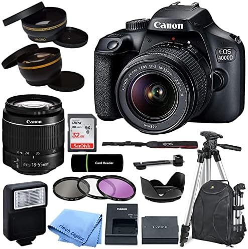 Canon EOS 4000D / Rebel T100 DSLR Kamera ile EF-S 18-55mm zoom objektifi + SanDisk 32 GB Hafıza Kartı + Tripod + Kılıf + Geniş