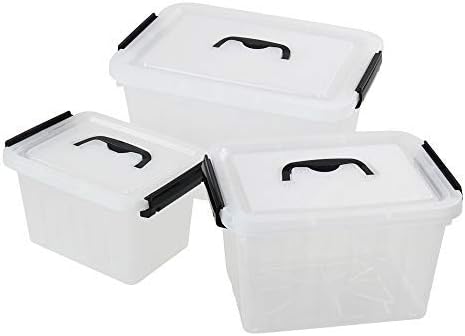 Farmoon Şeffaf Saklama Kutusu, Kapaklı ve Siyah Saplı Plastik İstiflenebilir Kutu / Konteyner, 3 Paket