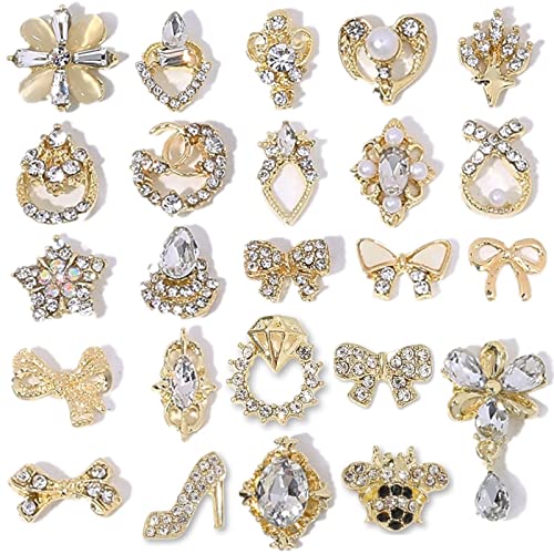 24 adet 3D Lüks Metal Alaşım Altın Nail Art Rhinestones Charms Parlak Tırnak Kristal Diamonds Taşlar Manikür Tırnak Çiçekler