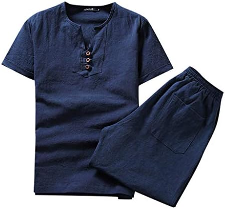 Erkek Pamuk Keten Eşofman Takım Elbise İki Parçalı Yaz Rahat Gevşek Kısa Kollu Tişört ve Pantolon-Lımsea