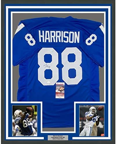 Çerçeveli İmzalı / İmzalı Marvin Harrison 33x42 Indianapolis Mavi Futbol Forması JSA COA