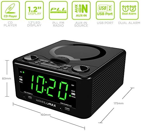 HANNLOMAX HX-300CD Üstten Yüklemeli CD Çalar, PLL FM Radyo, Dijital Saat, Çift Alarm, 1,2 Yeşil LED Ekran, 1A ve 2.1 A Şarj için