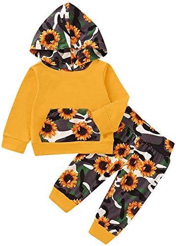 Bebek kız uzun kollu çiçekler Hoodie Sweatshirt üst ve pantolon kıyafet kanguru cep eşofman Set ile