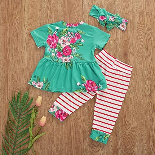 Toddler Bebek Kız Giysileri Kıyafetler Kısa Kollu Çiçek Baskı T-Shirt Üst + Çizgili Pantolon + Yay Bandı Seti