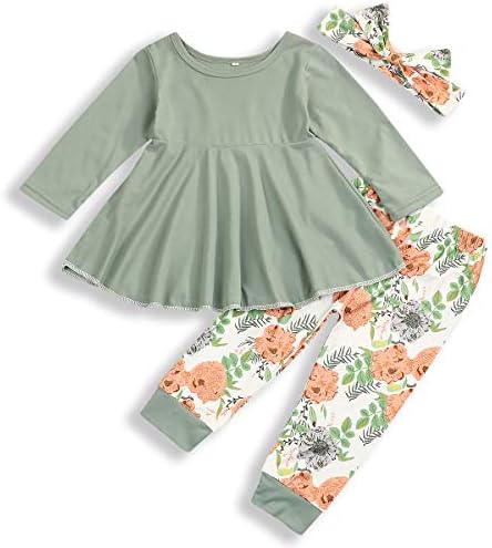 bılıson Toddler Bebek Kız Giysileri Düz Renk Fırfır Tops Çiçek Pantolon ile Kafa Bandı Kıyafet Seti