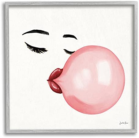 Stupell Industries Glamorous Face Blowing Bubble Gum Kalın Dudaklar, Janelle Penner tarafından Tasarlandı Gri Çerçeveli Duvar