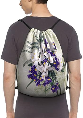 İpli sırt çantası mor beyaz Iris çiçekler dize çanta Sackpack spor salonu alışveriş spor Yoga için