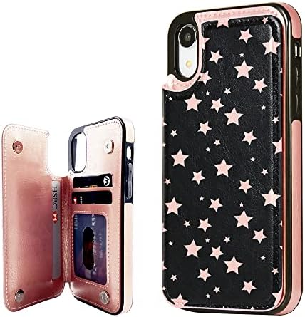 uCOLOR Flip deri cüzdan Kılıf kart tutucu ile iPhone XR için kart tutucu Kickstand - Gül Altın Yıldız Tasarım ile Uyumlu iPhone