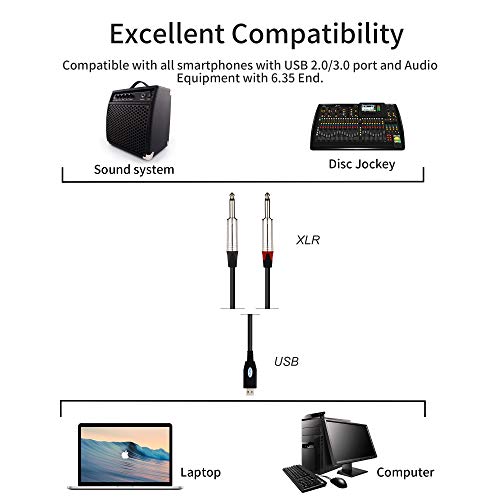 TISINO USB Çift 1/4 TS Stereo Y-Splitter Kablo, USB 6.35 mm Sol ve Sağ Kanallar Stereo Koparma Kablosu-6.6 FT/ 2 Metre