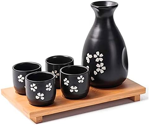 NEWQZ Japon Sake Seti Geleneksel Kiraz Çiçeği 1 Şişe ve 4 Bardak Bambu Tepsi Sake servis seti, Siyah