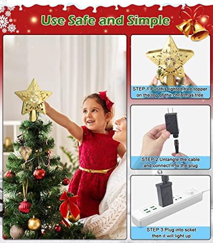 FOGEEK Noel Ağacı Toppers Altın Yıldız Noel Ağacı Topper Işıklı Noel 3D Glitter Dönen LED Hollow Glitter Projektör Noel Ağacı